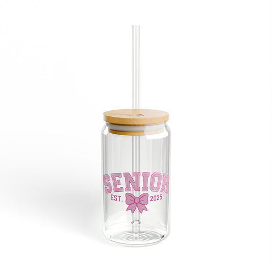 Senior Est. 2025 Sipper Glass Tumbler with Straw- Pink- 16oz