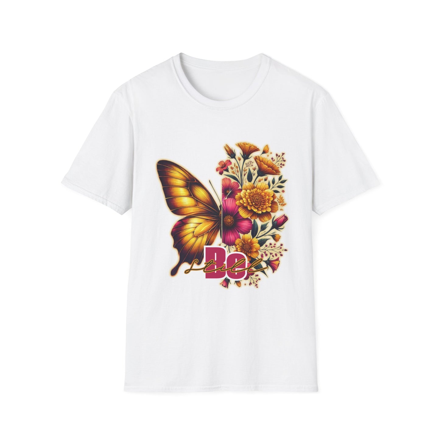 Butterfly Floral Unisex T-Shirt, Be Still Yellow and Red Shirt, Peaceful Butterfly Tee, Relaxation Flower Graphic Top, Meditation Vibes