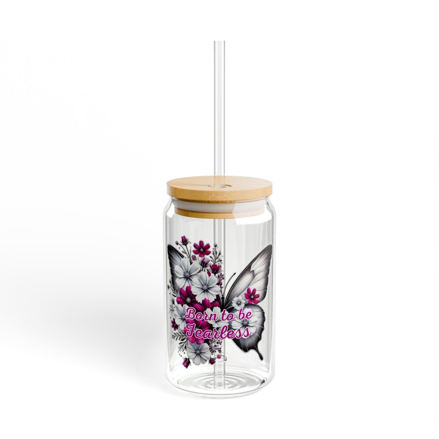 Sipper Glass - Pink and White Butterfly with Flowers Born to be Fearless Design, 16oz