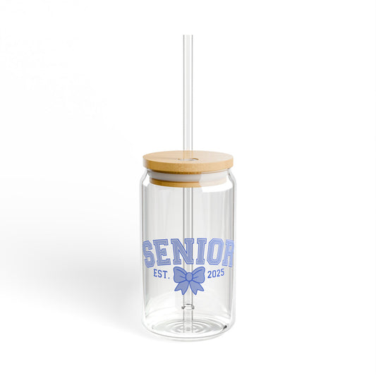 Senior Est. 2025 Sipper Glass Tumbler with Straw- Blue- 16oz