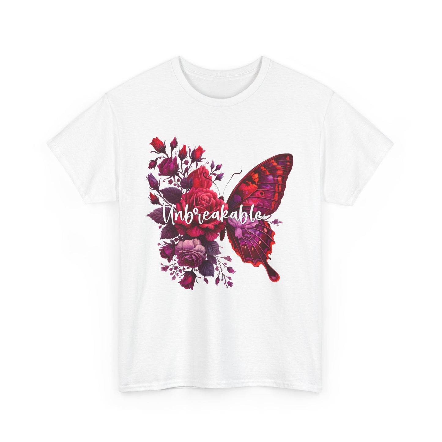 Red Butterfly Heavy Cotton Tee, "Unbreakable" Floral Butterfly Shirt, Empowerment Tee, Gift for Her, Nature Lover T-Shirt, Casual Wear Top