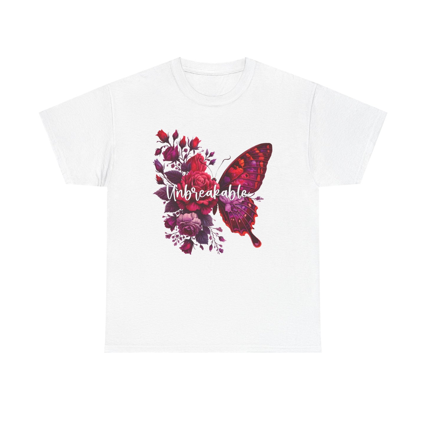 Red Butterfly Heavy Cotton Tee, "Unbreakable" Floral Butterfly Shirt, Empowerment Tee, Gift for Her, Nature Lover T-Shirt, Casual Wear Top