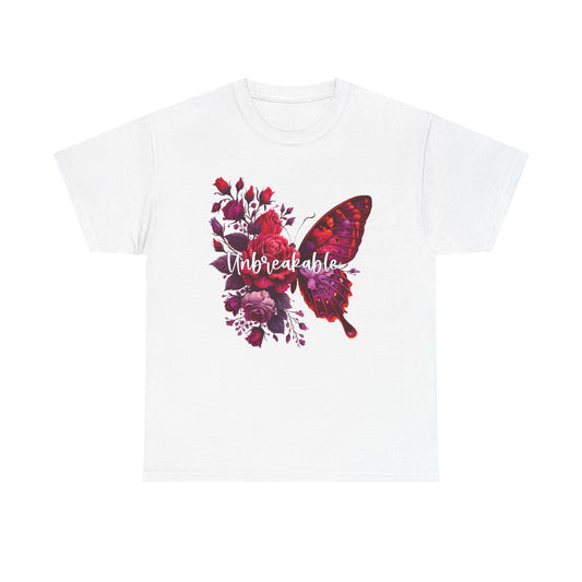 Red Butterfly Heavy Cotton Tee, "Unbreakable" Floral Butterfly Shirt, Empowerment Tee, Gift for Her, Nature Lover T-Shirt, Casual Wear Top