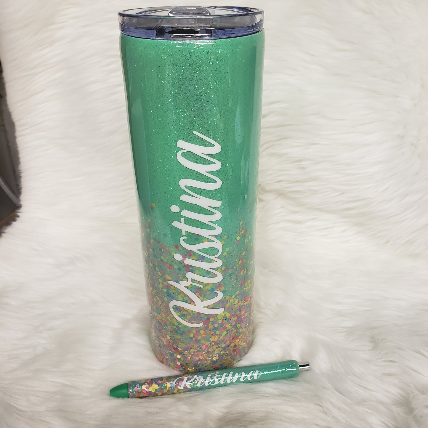 Sea foam Green Confetti Glitter Duo Tumbler & Pen Set-Customizable & Personalized