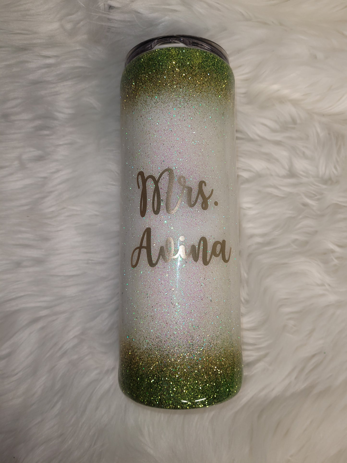 Green, Gold and White Custom Glitter Tumbler